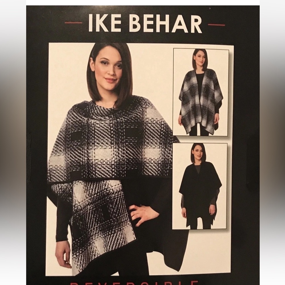 IKE BEHAR BLACK Gray Plaid Warm FLEECE PONCHO BLANKET Wrap Shawl Winter One Size